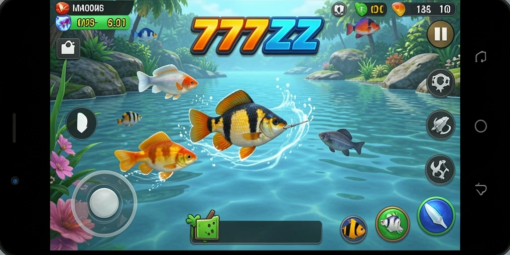 Screenshot utama 777ZX menunjukkan momen memancing di lokasi indah.