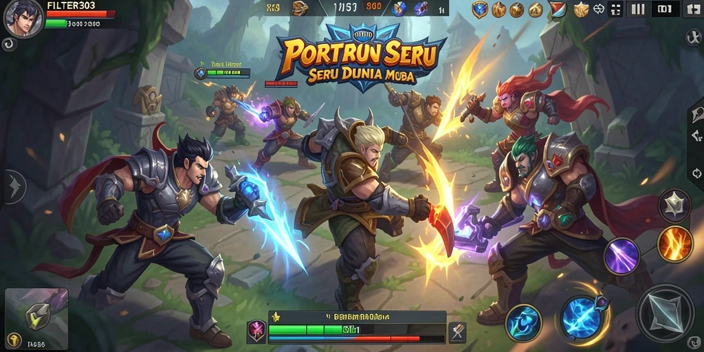 Screenshot FILTER303 menampilkan aksi intens dalam pertarungan tim MOBA.
