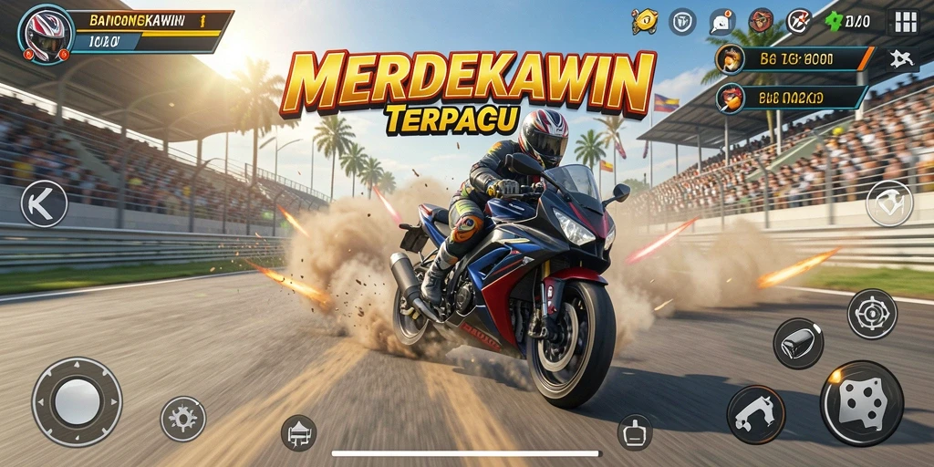 Screenshot gameplay MERDEKAWIN menampilkan balapan motor yang mendebarkan.